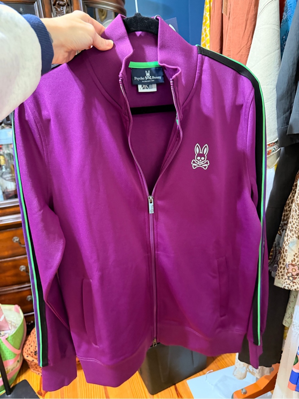 Psycho Bunny Women’s/mens Purple Track Jacket with Green and Black Stripes
